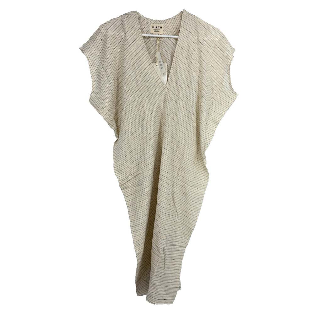 MIRTH Women S/M Kaftan Dress Beige Striped V Neck 100% Cotton Knee Length NEW